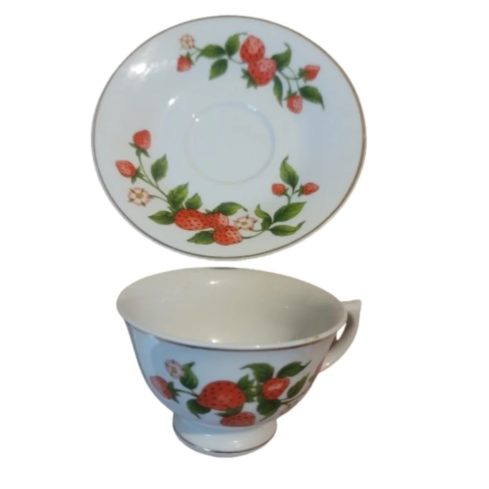 Vintage Teleflora Strawberry Patterned Cup and Saucer Set With Stand Cottagecore